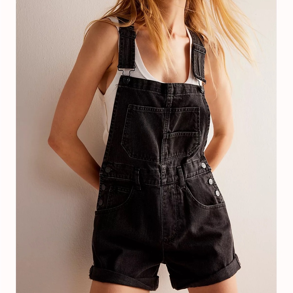 Classic Black Denim Short Overalls - Women